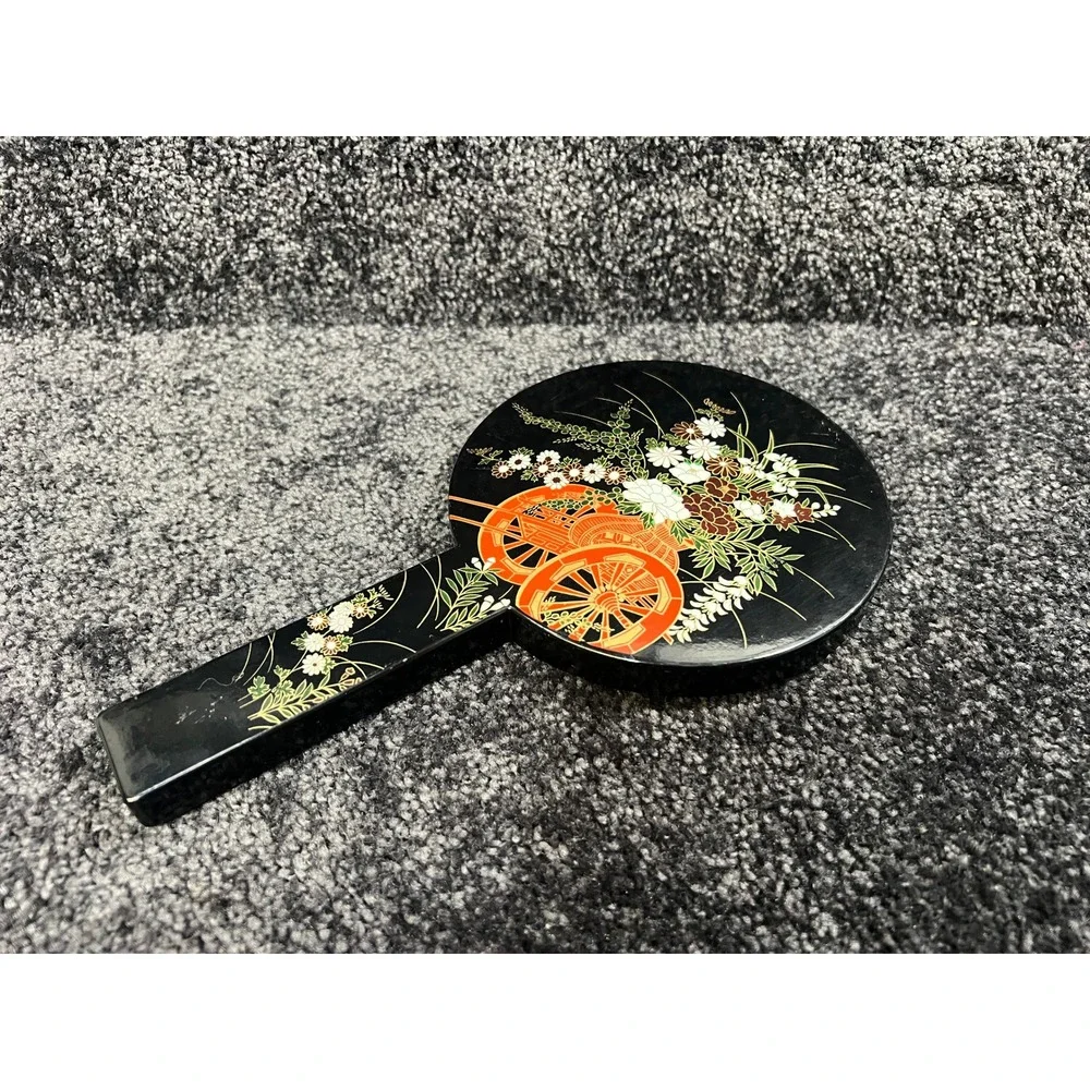 Vtg Japanese Black Handheld Mirror Floral Design Orange Wheels Decorative Accent